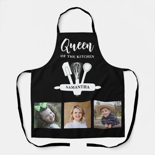 キッチンのクイーンの白黒の名前写真 エプロン (正面)