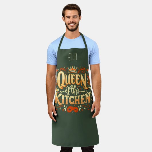 キッチンのコケ緑色の女王 エプロン (着用した状態)