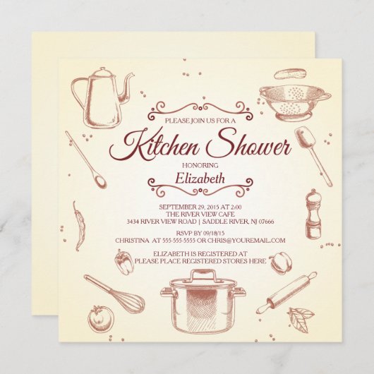 キッチンのブライダルシャワーの招待状を用意する 招待状 (正面/裏面)