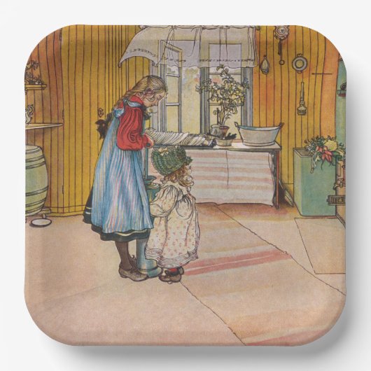 キッチンの女の子(クラシックスウェーデン美術) ペーパープレート (正面)