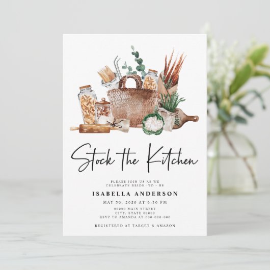 キッチンの食器室の緑のブライダルシャワーを置く 招待状 (スタンド正面)