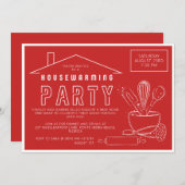 キッチンはっきりした用品赤引っ越し祝いパーティー招待状 招待状 (正面/裏面)