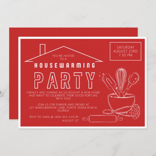 キッチンはっきりした用品赤引っ越し祝いパーティー招待状 招待状 (正面/裏面)