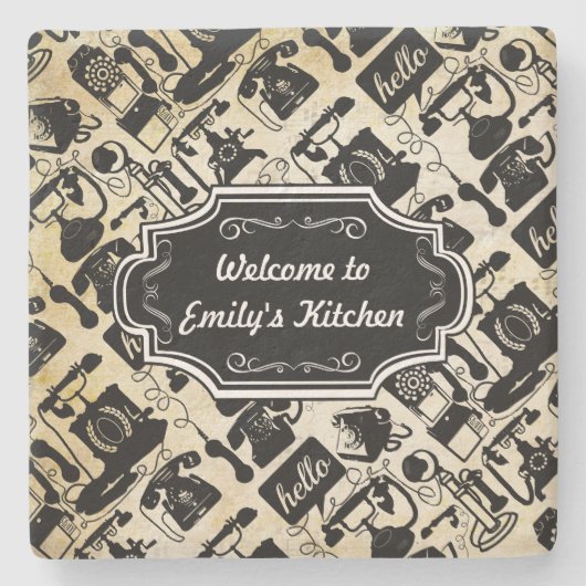 キッチンへようこそ電話にHelloをパーソナライズレトロ ストーンコースター (正面)