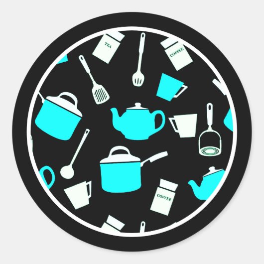 キッチンをテーマにした調理器具と調理器具パターン ラウンドシール (正面)