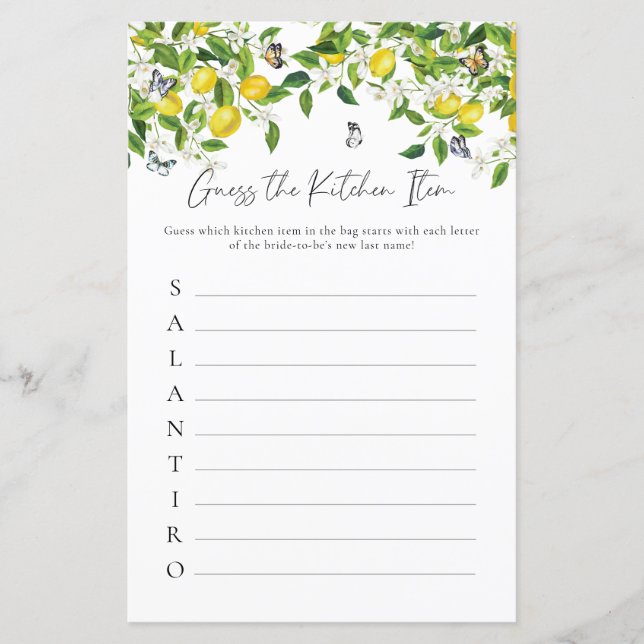 キッチンアイテムの推測 |レモンブライダルシャワーゲーム (正面)