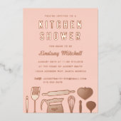 キッチンアイテムブライダルシャワーバラ金ゴールド 箔招待状 (正面)