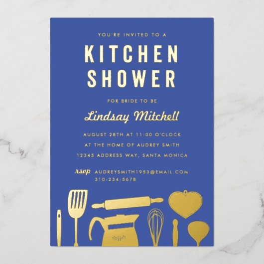 キッチンアイテムブライダルシャワーブルー金ゴールド 箔招待状 (正面)