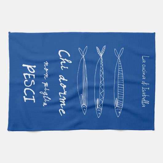 キッチンイタリアンサーディンイタリア引用文スケッチブルー キッチンタオル (横)