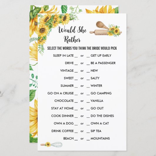 キッチンウィス遠くにブライダルシャワーゲームひまわり (正面/裏面)