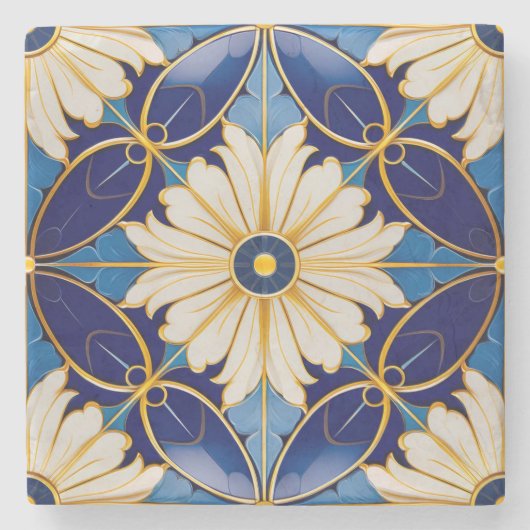 キッチンカウンターバーウェアアールデコ金ゴールドブルーフローラ ストーンコースター (正面)