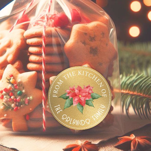 キッチンクリスマスからの赤いポインセチア金ゴールド ラウンドシール