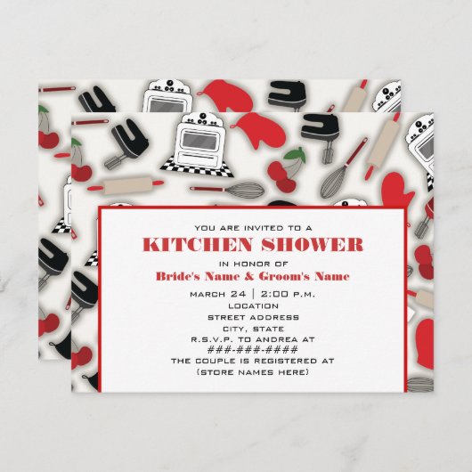 キッチンシャワー招待状-赤と黒 招待状 (正面/裏面)