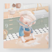 キッチンスクエア転がワのシェフハット生地に猫 スクエア壁時計 (正面)