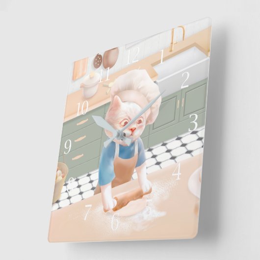 キッチンスクエア転がワのシェフハット生地に猫 スクエア壁時計 (傾斜)