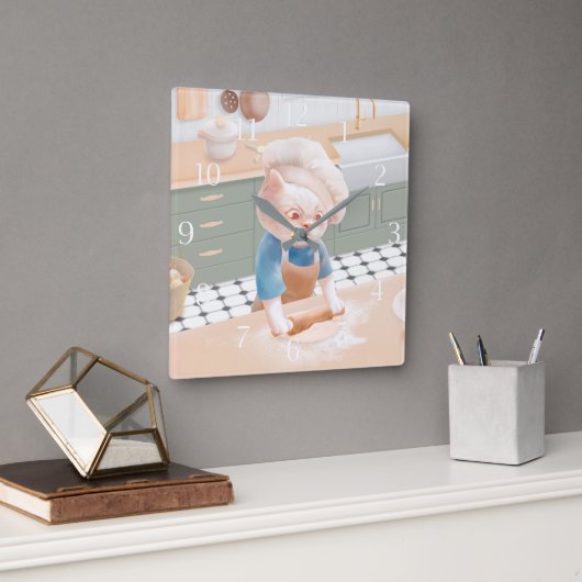 キッチンスクエア転がワのシェフハット生地に猫 スクエア壁時計 (オフィス)