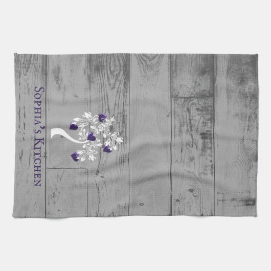 キッチンタオルの紫パーソナライズされた色のハート キッチンタオル (横)