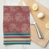 キッチンタオルまたはティータオル、マルーン、ブルーフローラ キッチンタオル (四つ折り)