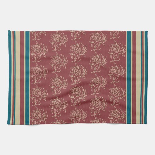 キッチンタオルまたはティータオル、マルーン、ブルーフローラ キッチンタオル (横)