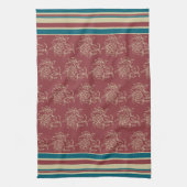 キッチンタオルまたはティータオル、マルーン、ブルーフローラ キッチンタオル (縦)