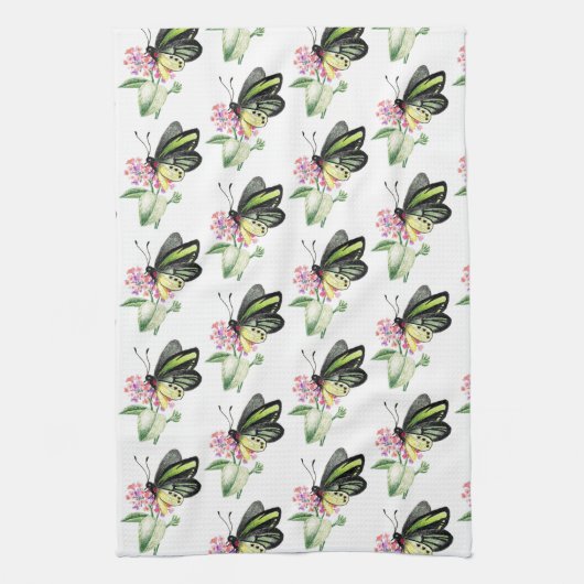 キッチンタオルグリーンバードバタフライプリント キッチンタオル (縦)