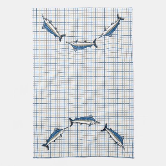 キッチンタオル – Blue Marlin on Plaid (縦)