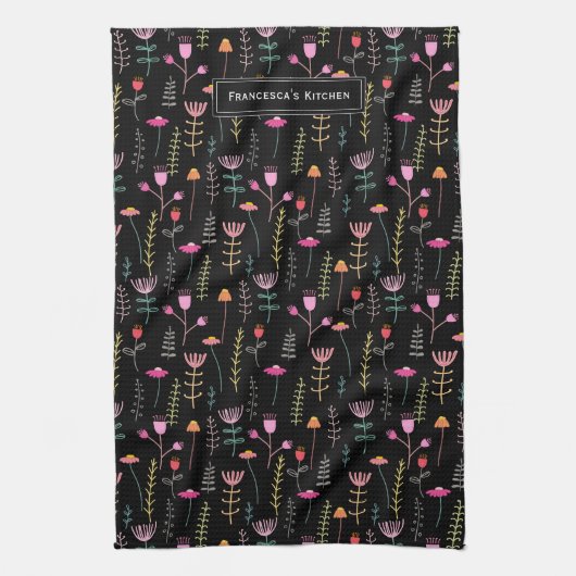 キッチンタオル – Neon Wildflowers、カスタムモノグラム (縦)