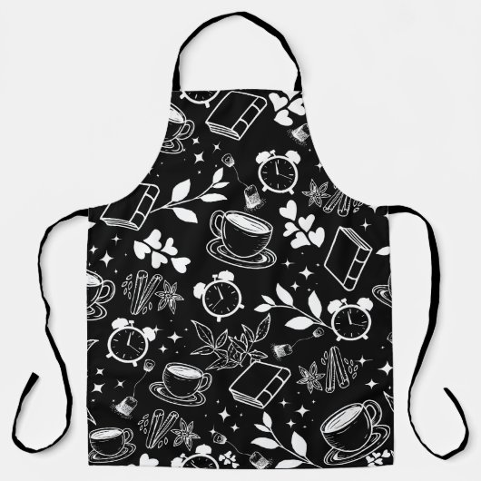 キッチンダイニングかわいいティーコーヒー黒と白 エプロン (正面)