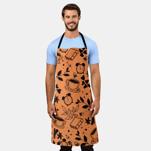 キッチンダイニングカワイティーコーヒーブックオレンジ色のパターン エプロン (着用した状態)