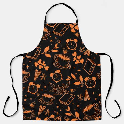 キッチンダイニングカワイティーコーヒーブックオレンジ色のパターン エプロン (正面)