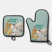 キッチンツールや焼き菓子用品の青い水玉模様 鍋つかみ&鍋敷きセット (正面)