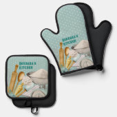 キッチンツールや焼き菓子用品の青い水玉模様 鍋つかみ&鍋敷きセット (正面/裏面)