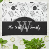 キッチンツールパターンモノグラム-黒|白 キッチンタオル (折り畳み)