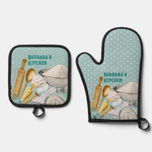 キッチンツール ベーキング用品 青い水玉模様 鍋つかみ&鍋敷きセット (正面)