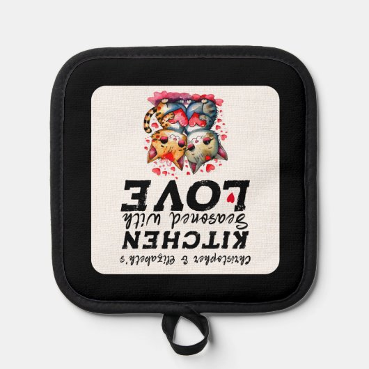 キッチンパーソナライズされたで可愛い猫をブラックと呼ぶ 鍋敷き (正面)