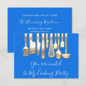 キッチンパーティー シェフ ゴールデン キッチン用品 青 招待状 (正面/裏面)