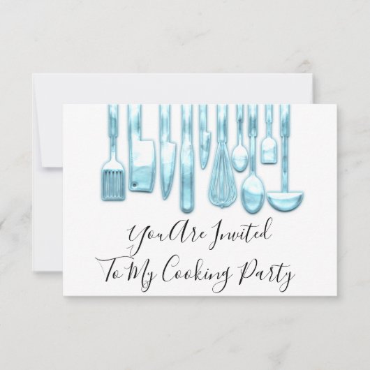 キッチンパーティー シェフ ゴールデン キッチン 青 白 招待状 (正面)