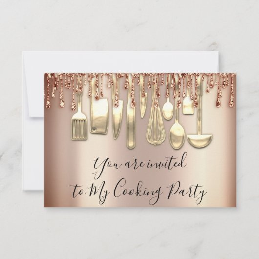 キッチンパーティー シェフ レストラン ローズゴールド グリッター ドリップ 招待状 (正面)