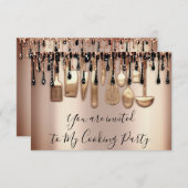キッチンパーティー シェフ レストラン ローズゴールド ドリップス ブラック 招待状 (正面/裏面)