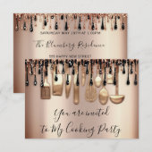 キッチンパーティー シェフ ローズゴールド 垂れ 黒 招待状 (正面/裏面)