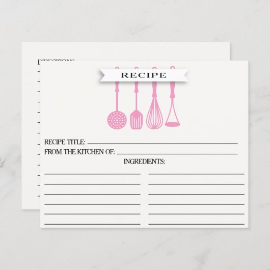 キッチンピンクの器具ブライダルシャワーレシピカード (正面/裏面)