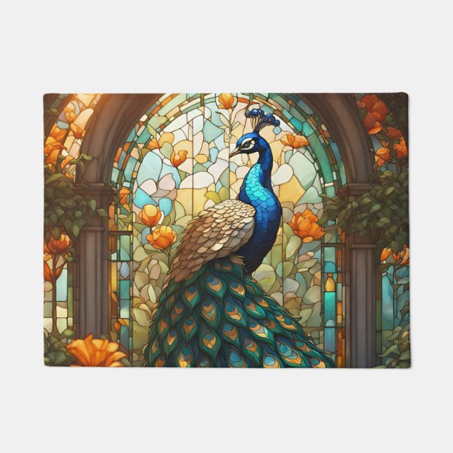 キッチンフロアマット孔雀ステンドグラス ドアマット (正面)