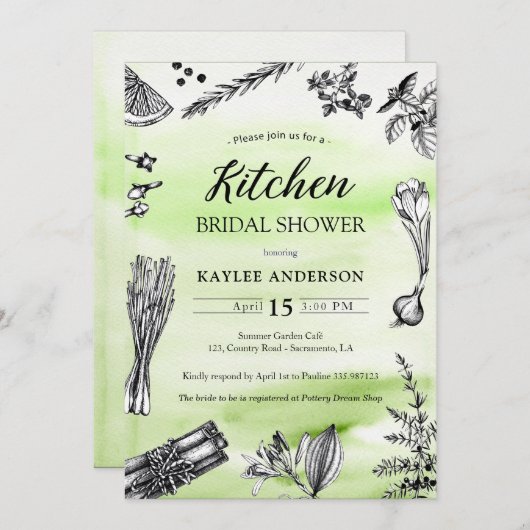 キッチンブライダルシャワーハーブは緑色のスプラッシュをスパイス 招待状 (正面/裏面)