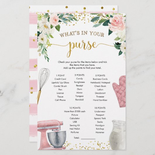 キッチンブライダルシャワー財布ゲームの内容 (正面/裏面)