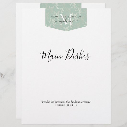 キッチンモノグラムフローラティール(緑がかった色)グリーンレシピ分圧器 (正面/裏面)