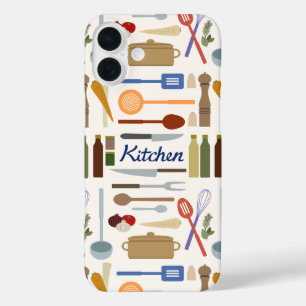 キッチン用品イラストレーション+タイプパターンカラー iPhone 16 PLUSケース