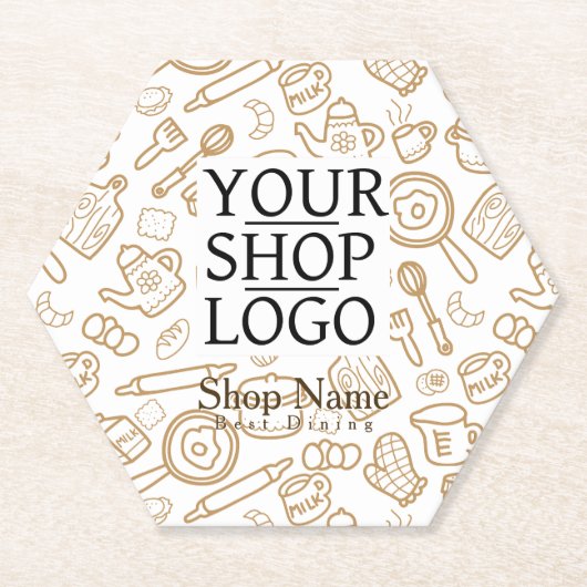 キッチン用品白い茶色のロゴ ペーパーコースター (正面)