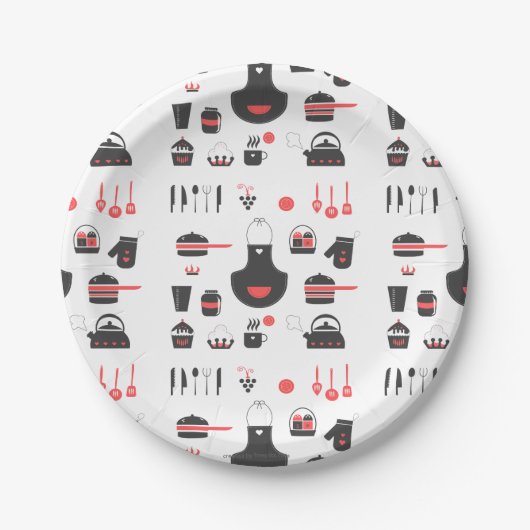 キッチン，かわいい赤と黒，ヴィンテージ,レトロ ペーパープレート (正面)