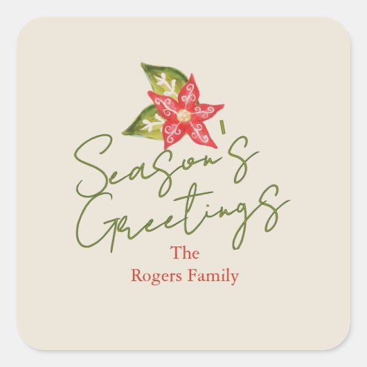 キッチーヴィンテージポインセティアレッドグリーンクリスマス スクエアシール (正面)