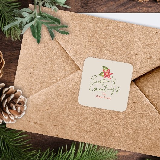 キッチーヴィンテージポインセティアレッドグリーンクリスマス スクエアシール